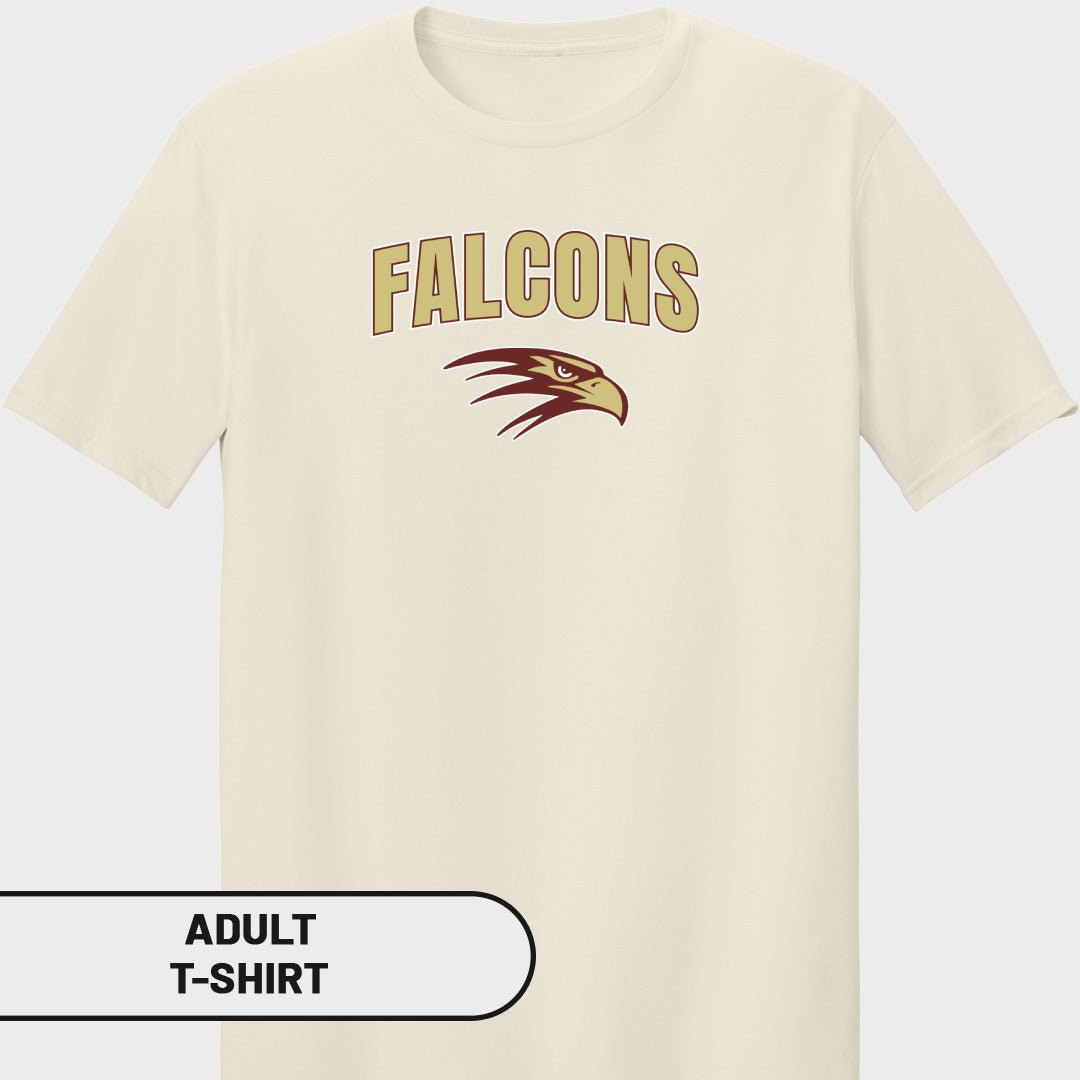 Cream adult t-shirt with "FALCONS" text and a hawk logo.