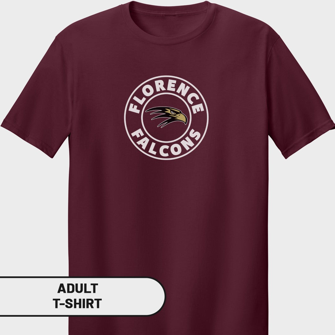 Maroon adult t-shirt with "Florence Falcons" logo featuring an eagle's head.
