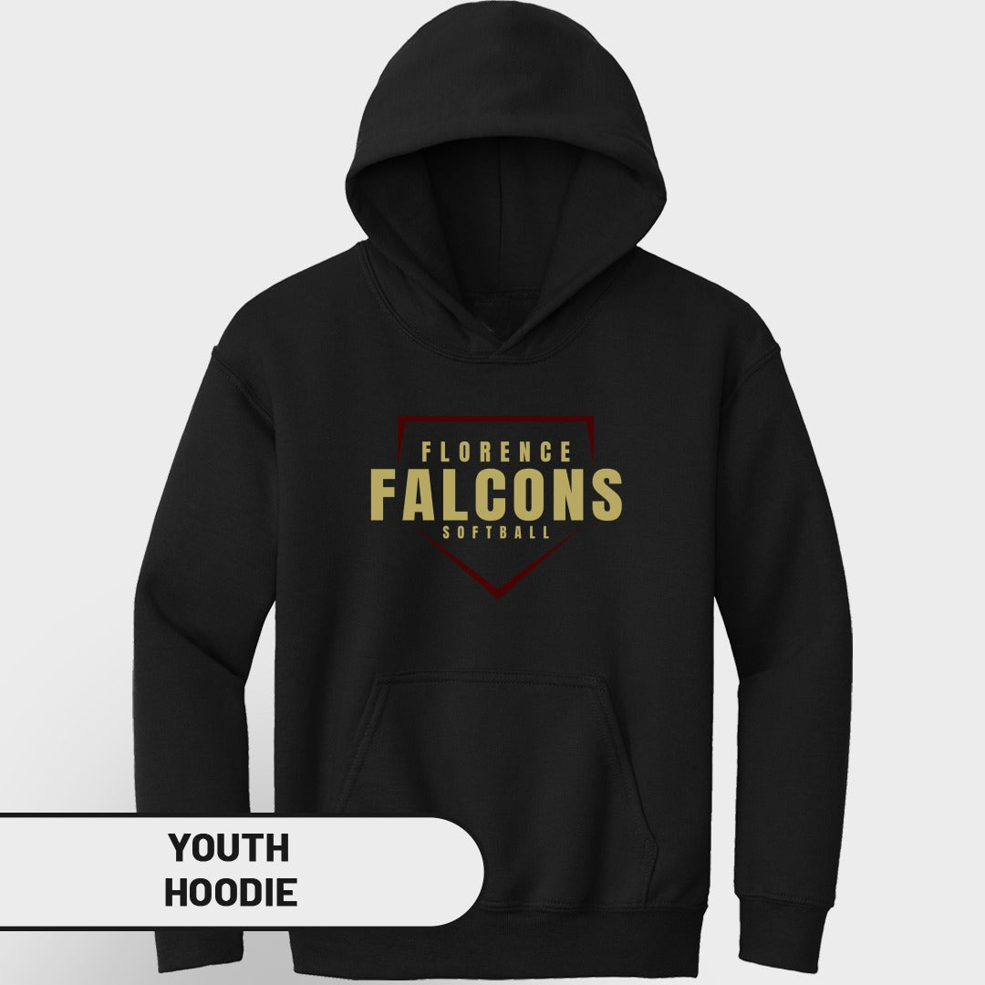 Black youth hoodie with Florence Falcons softball graphic.