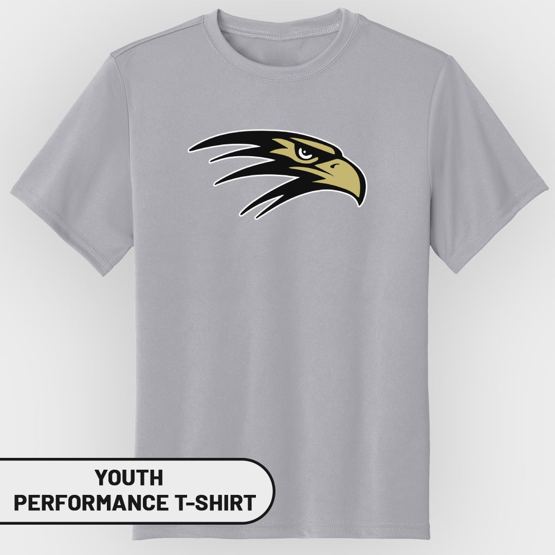 Youth performance t-shirt with a black and gold eagle logo.