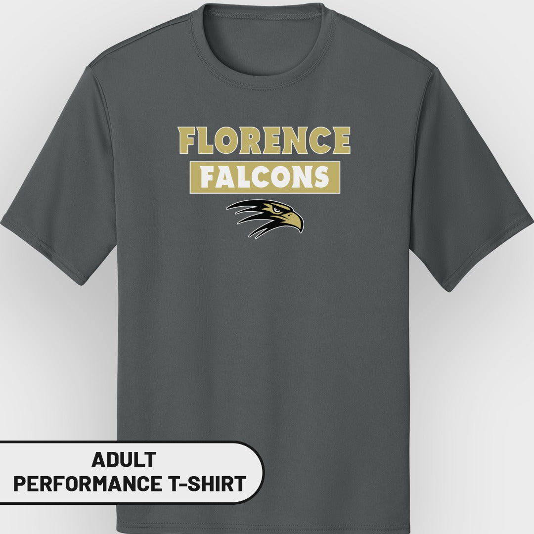 Grey adult performance t-shirt with "Florence Falcons" and eagle logo.