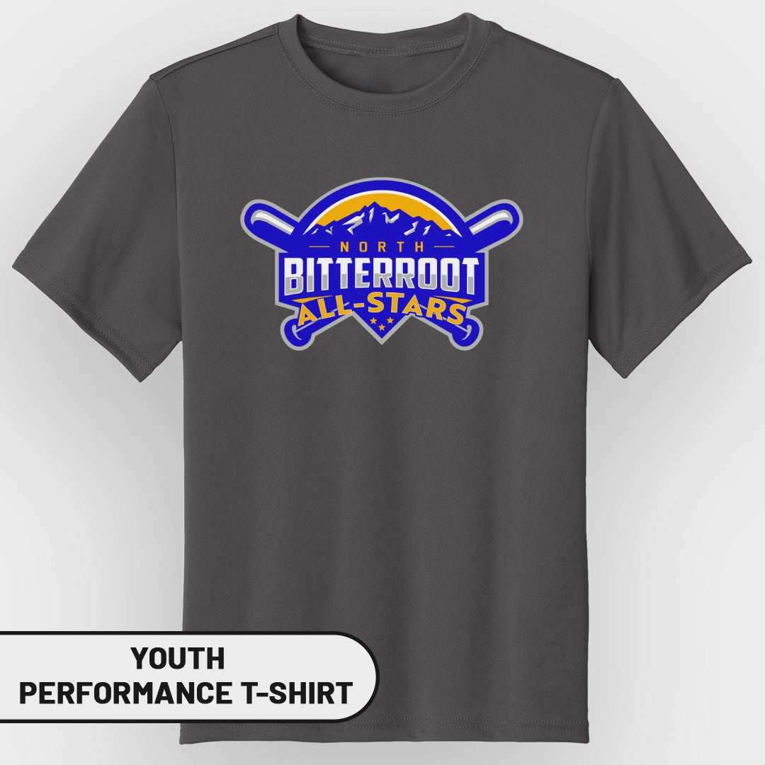 Dark grey youth performance t-shirt with "North Bitterroot All-Stars" logo.