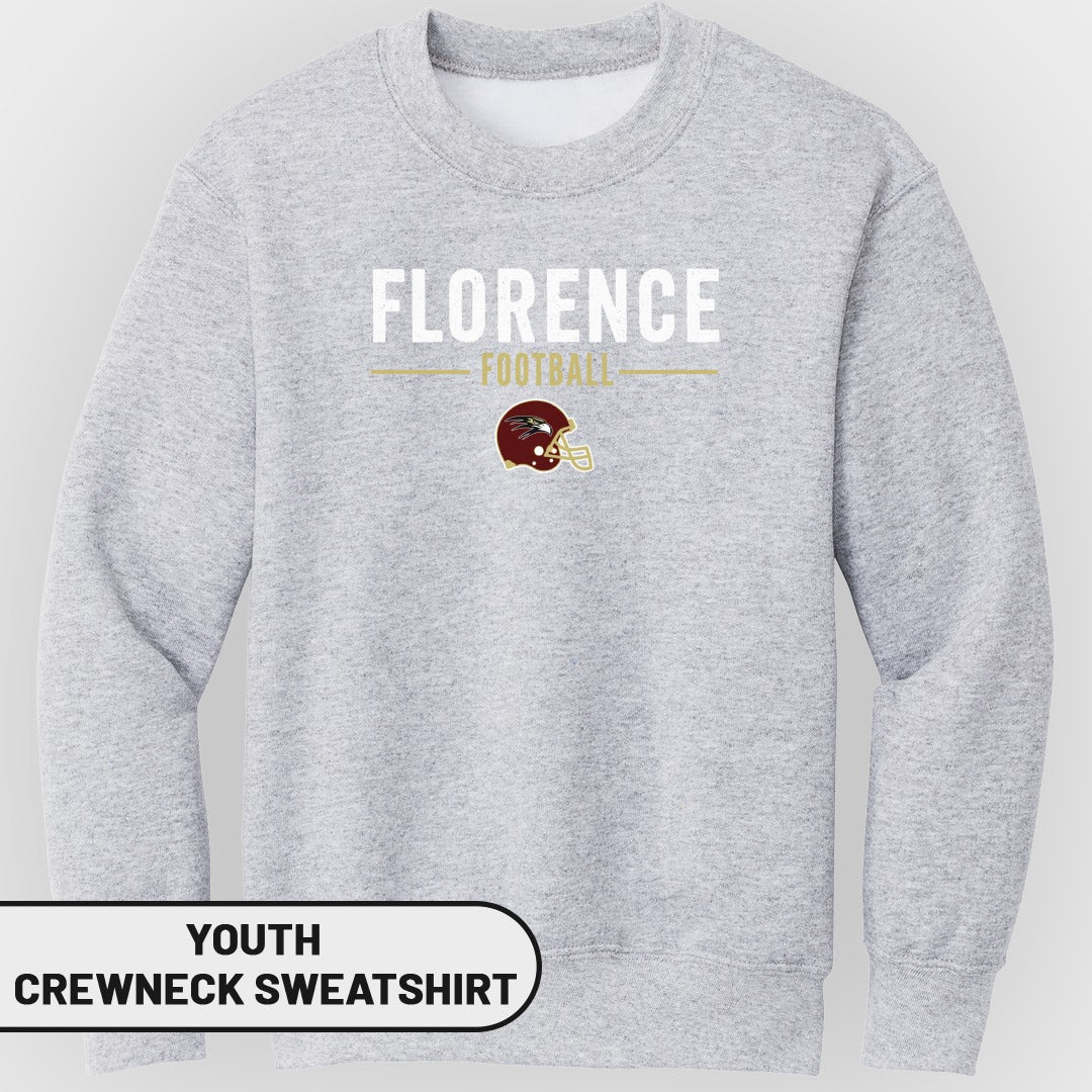 Light grey youth crewneck sweatshirt with "Florence Football" text and football helmet graphic.