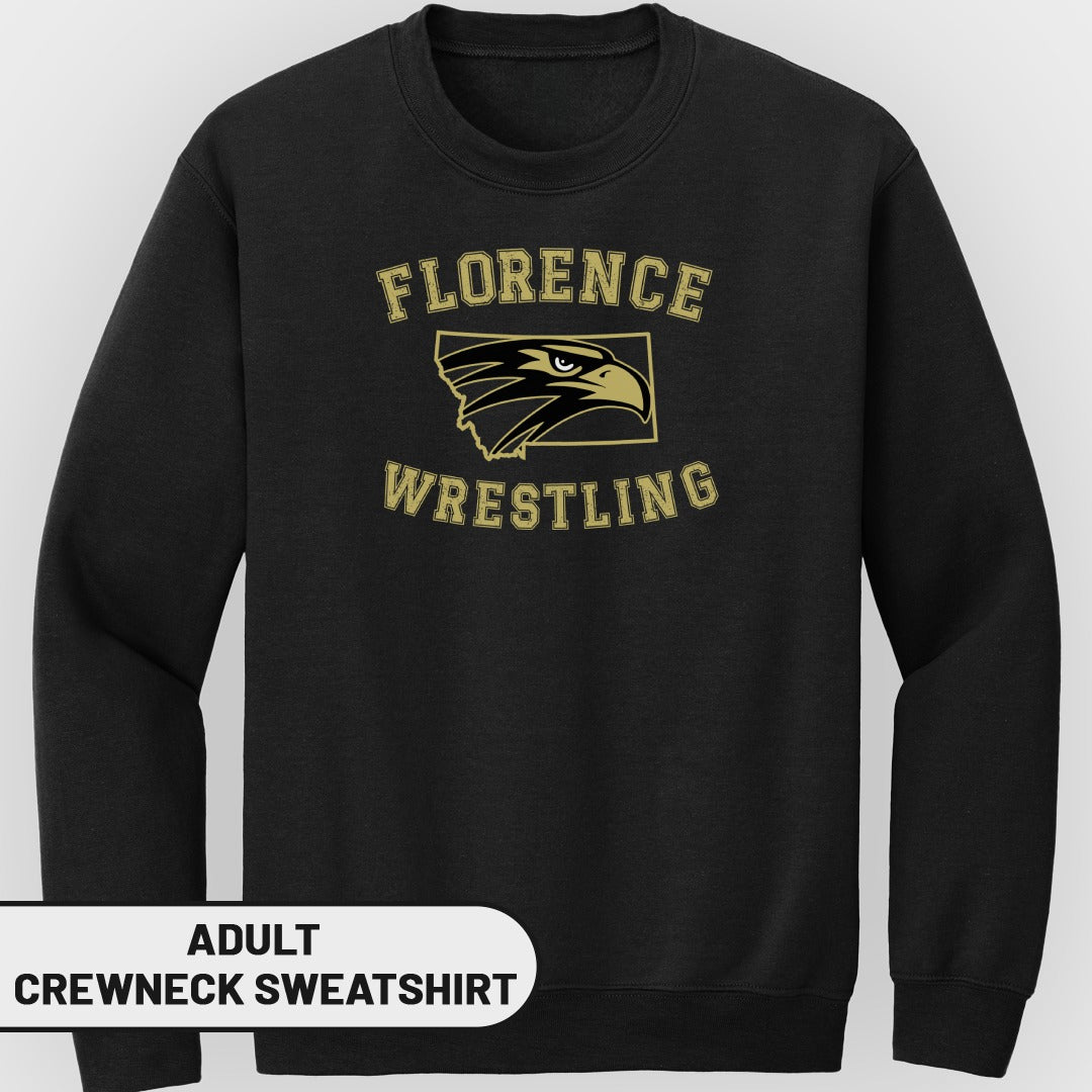 Black adult crewneck sweatshirt with "Florence Wrestling" and eagle logo.