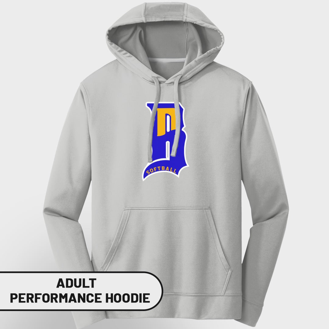 Grey adult performance hoodie with blue "R" and yellow accent, "SOFTBALL" text.