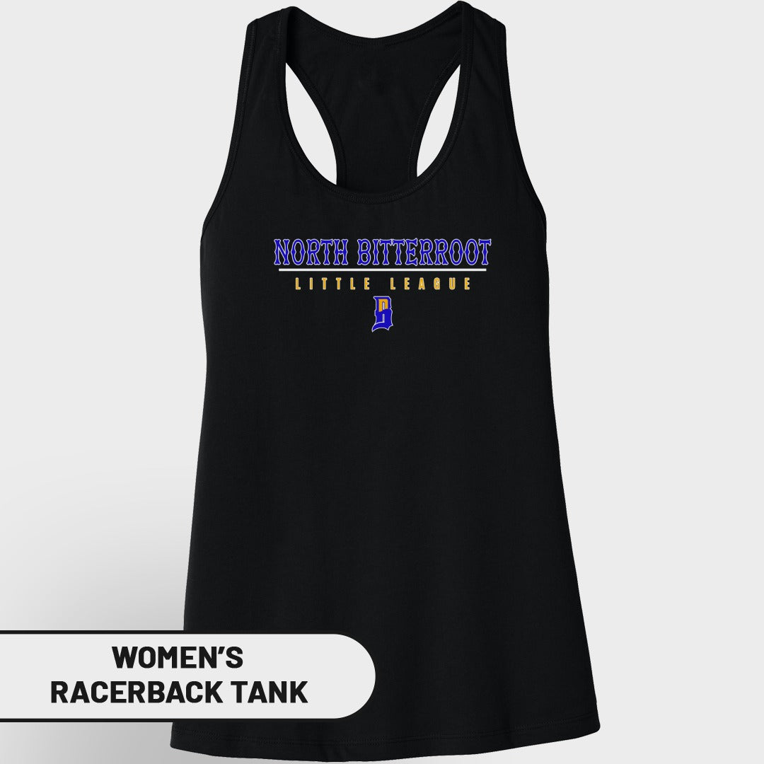 Black women's racerback tank with "North Bitterroot Little League" text and logo.