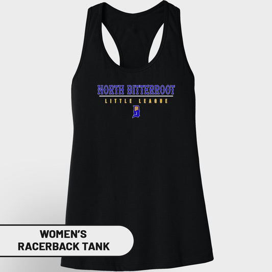 Black women's racerback tank with "North Bitterroot Little League" text and logo.