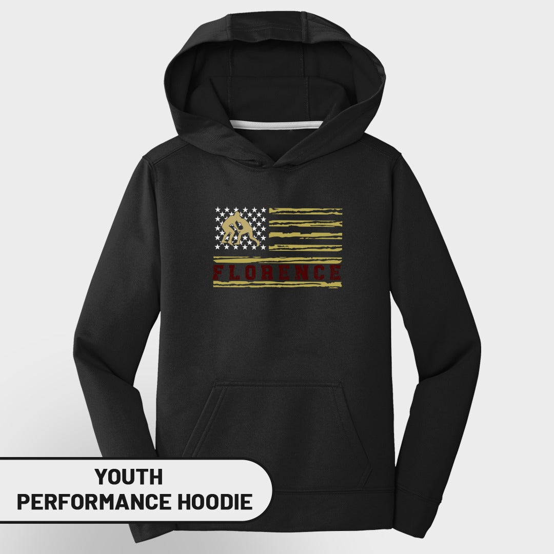 Black youth performance hoodie with American flag graphic and "Florence" text.