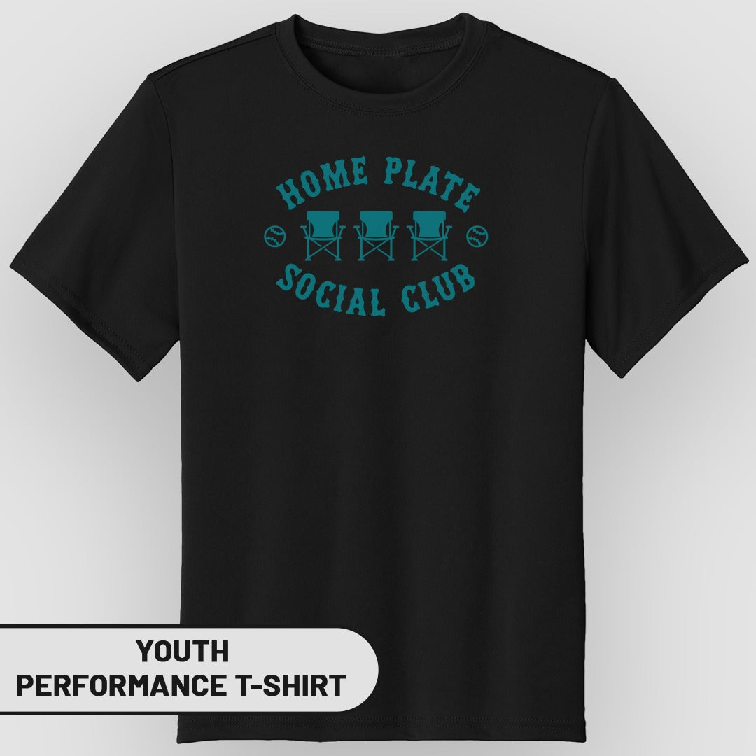 Youth black performance t-shirt with "Home Plate Social Club" text and baseball graphics.