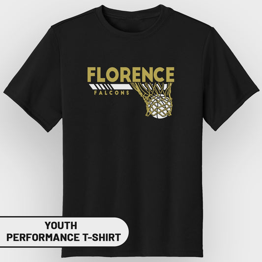 Black youth performance t-shirt with Florence Falcons basketball graphic.