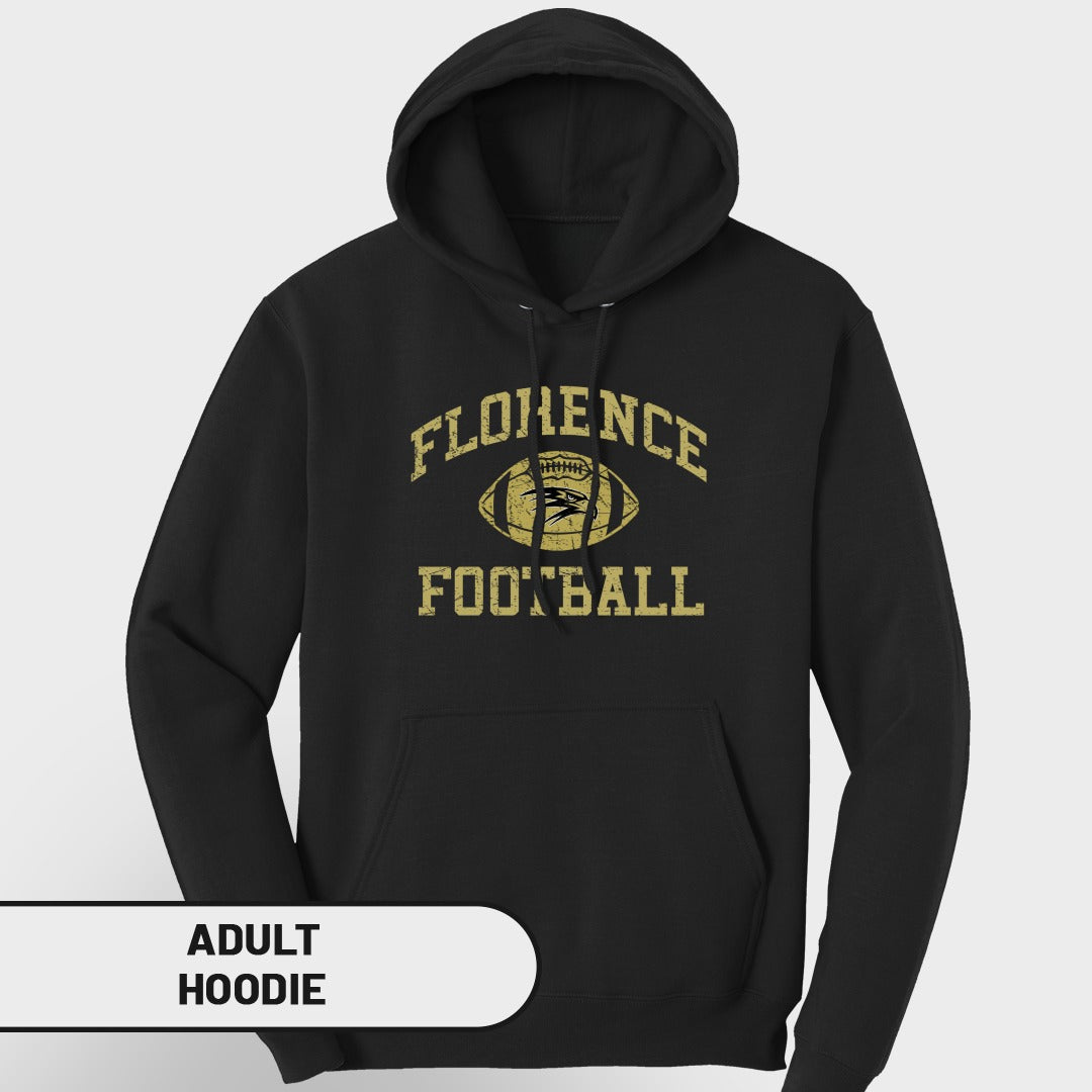 Black adult hoodie with "FLORENCE FOOTBALL" text and football graphic.