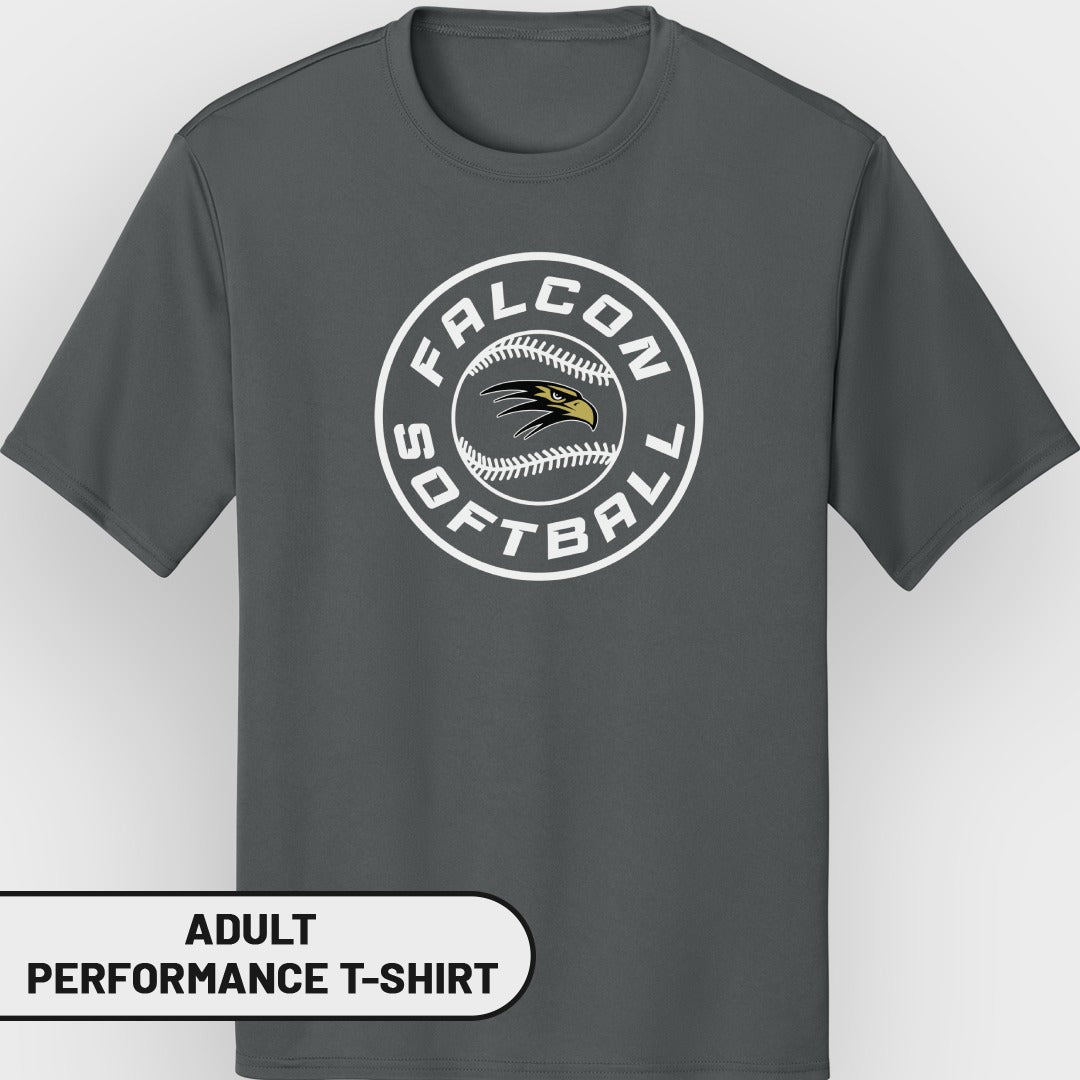 Adult performance t-shirt with a Falcon Softball circular logo featuring a falcon head and baseball stitching.