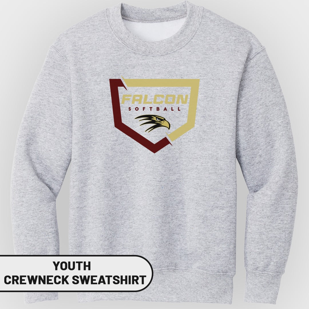 Youth crewneck sweatshirt with "Falcon Softball" logo and hawk emblem.