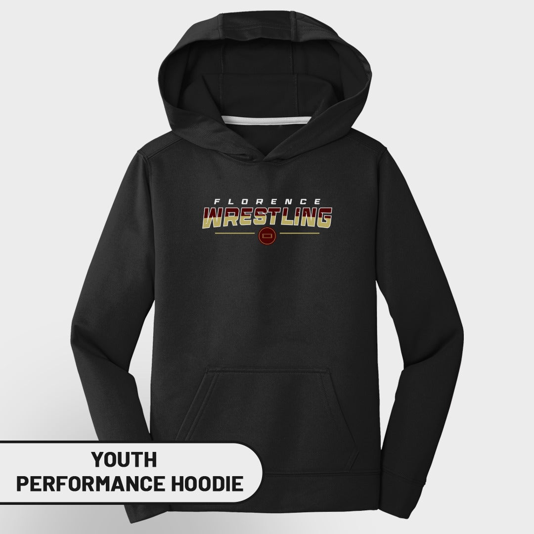 Black youth performance hoodie with "Florence Wrestling" text logo.