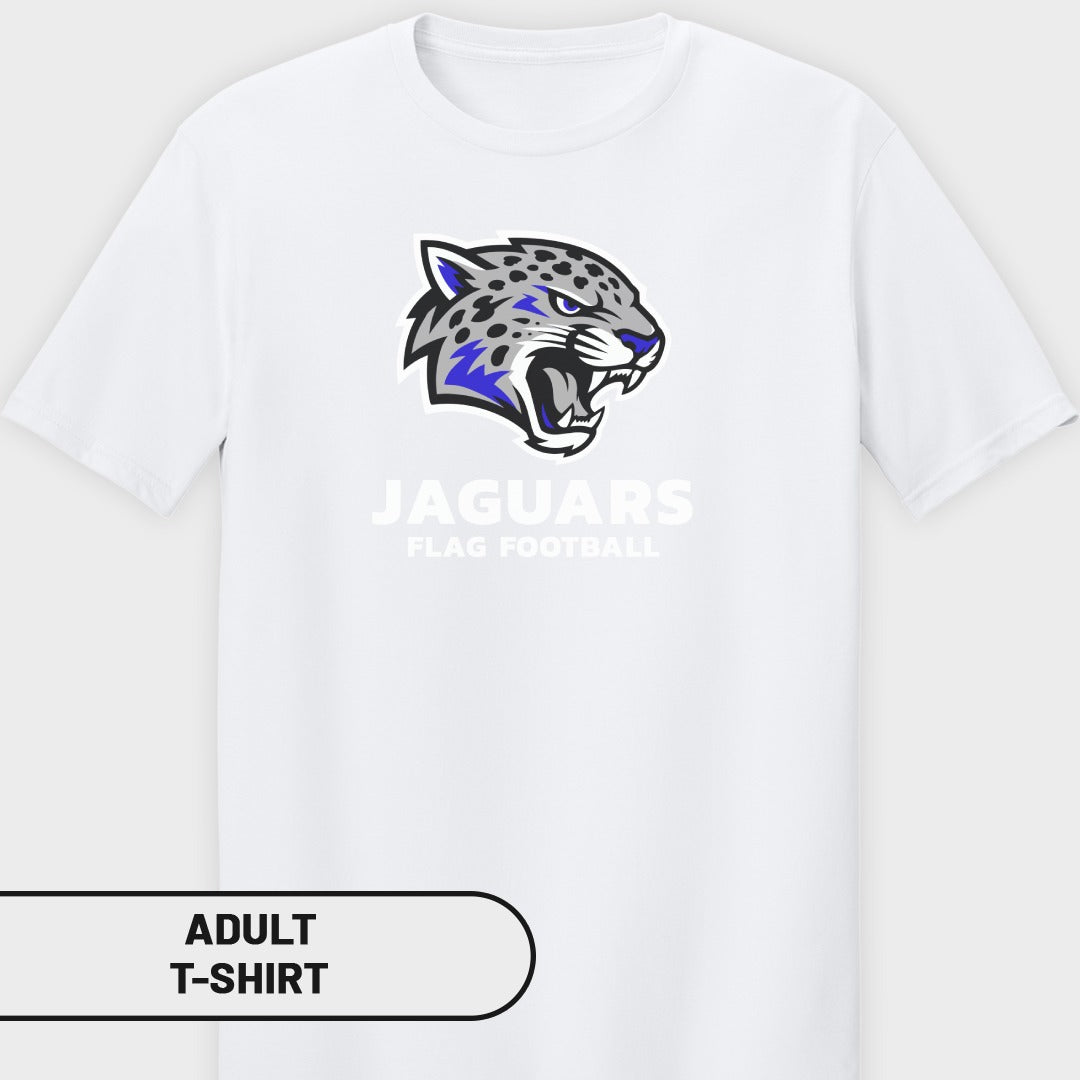 White t-shirt with Jaguars flag football logo and text.