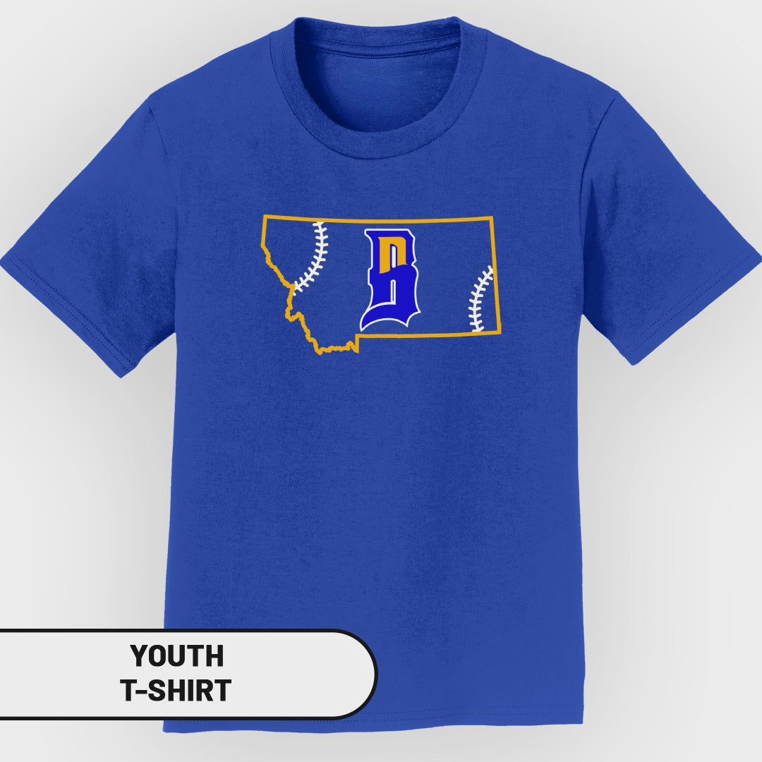 Royal blue youth t-shirt with a yellow outline of Montana containing a baseball and the letter B.