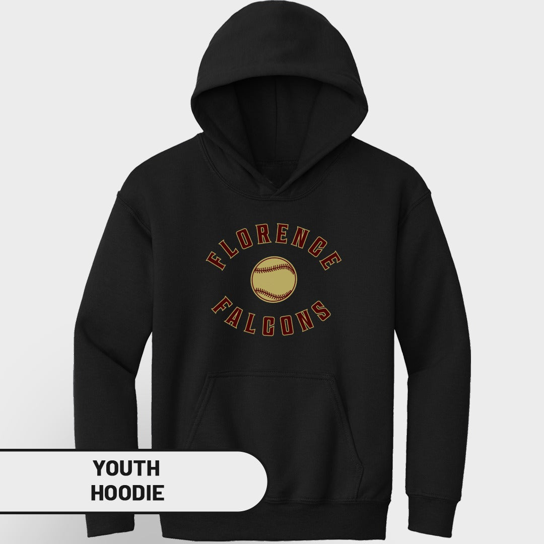 Black youth hoodie with "Florence Falcons" and baseball logo on chest.