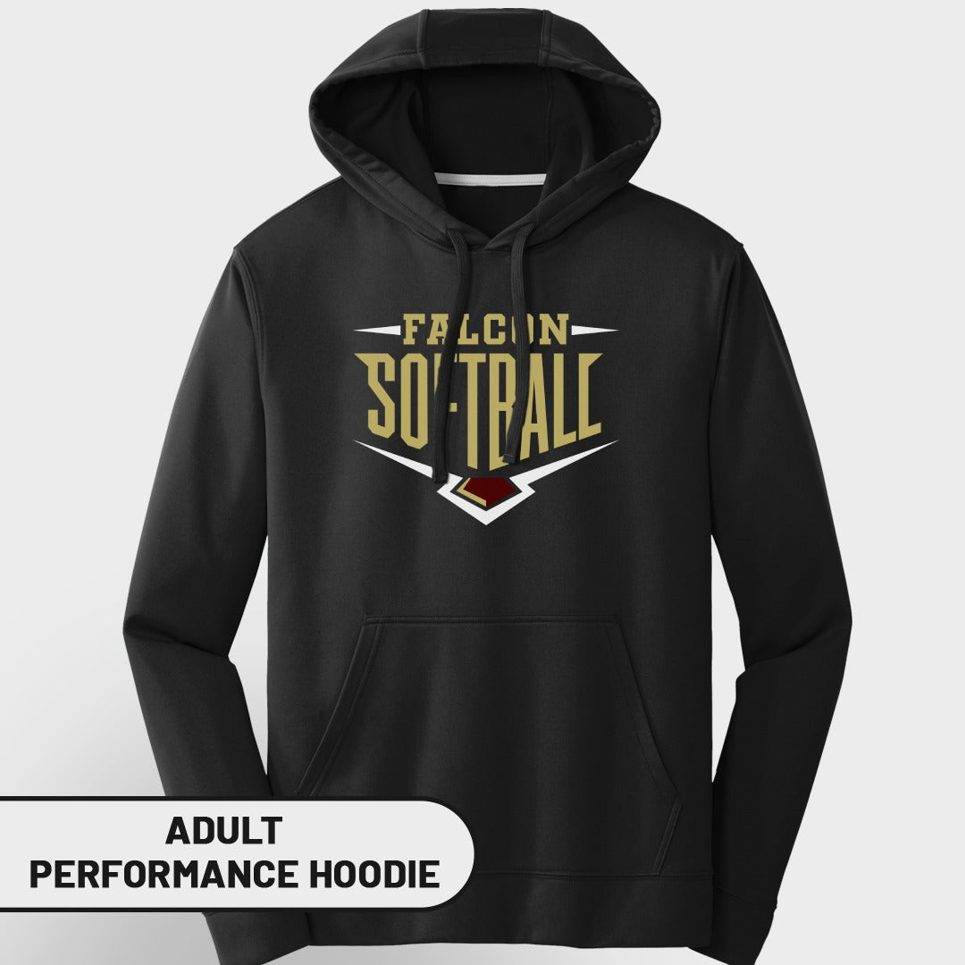 Black adult performance hoodie with "FALCON SOFTBALL" graphic.