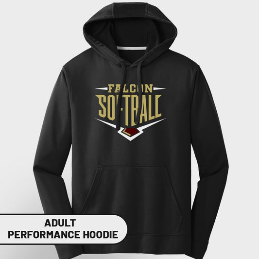 Black adult performance hoodie with "FALCON SOFTBALL" graphic.