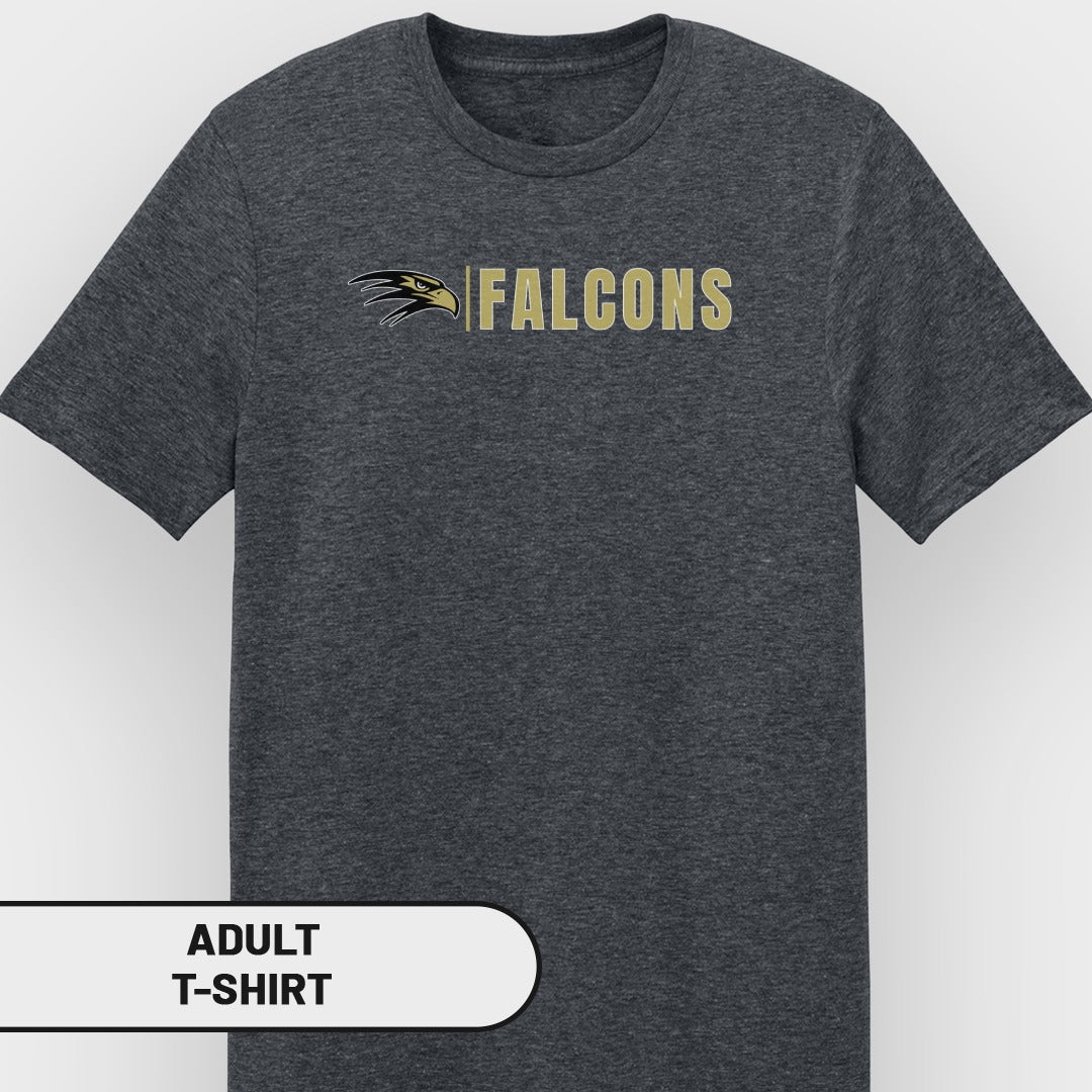 Dark gray adult t-shirt with "Falcons" and hawk logo printed in gold.