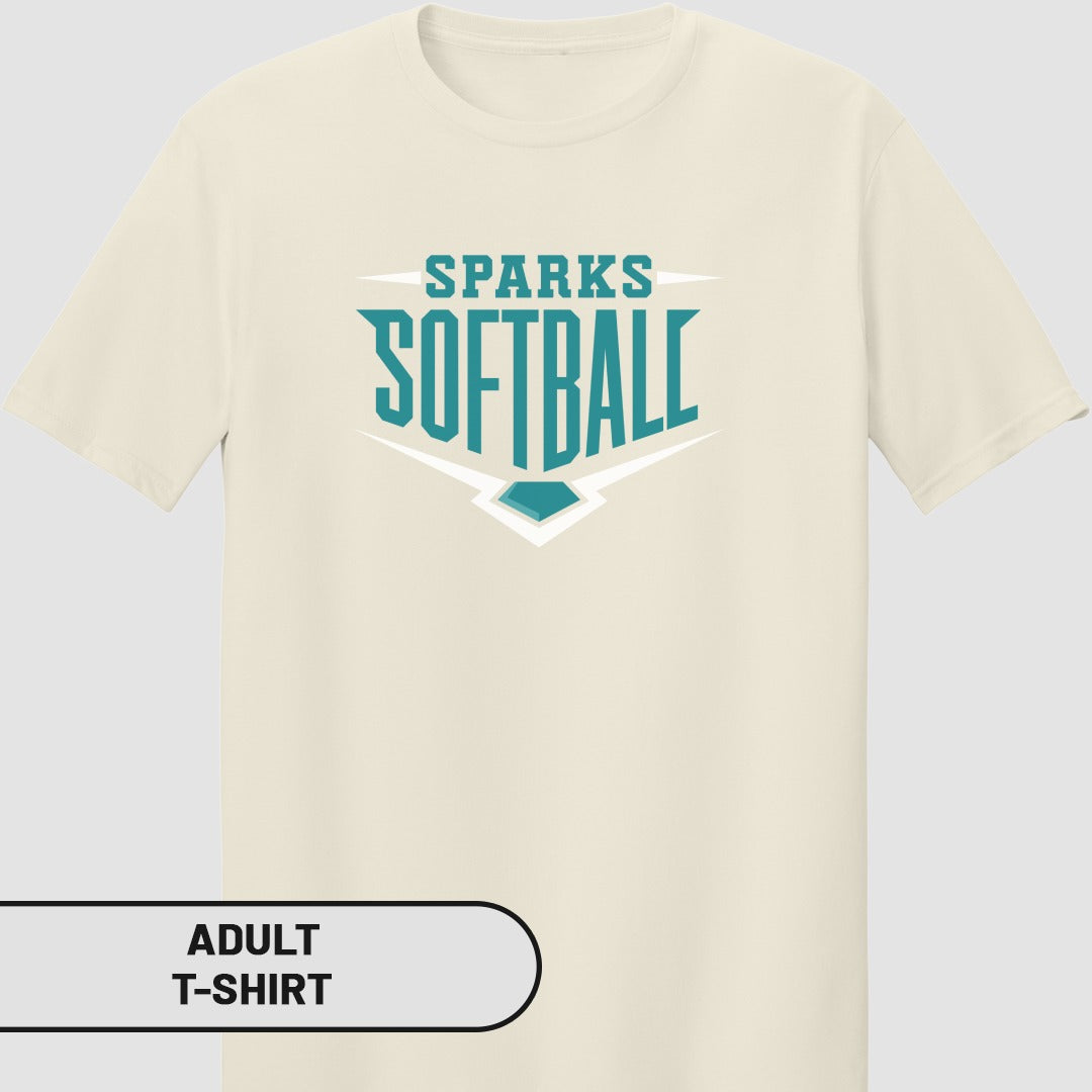 Cream t-shirt with "Sparks Softball" logo in teal.