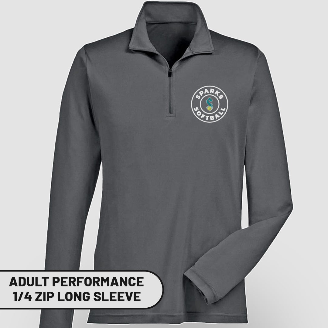 Dark gray adult performance 1/4 zip long sleeve shirt with softball logo.