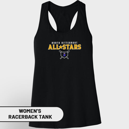 Black women's racerback tank with "North Bitterroot All Stars" text and baseball graphic.