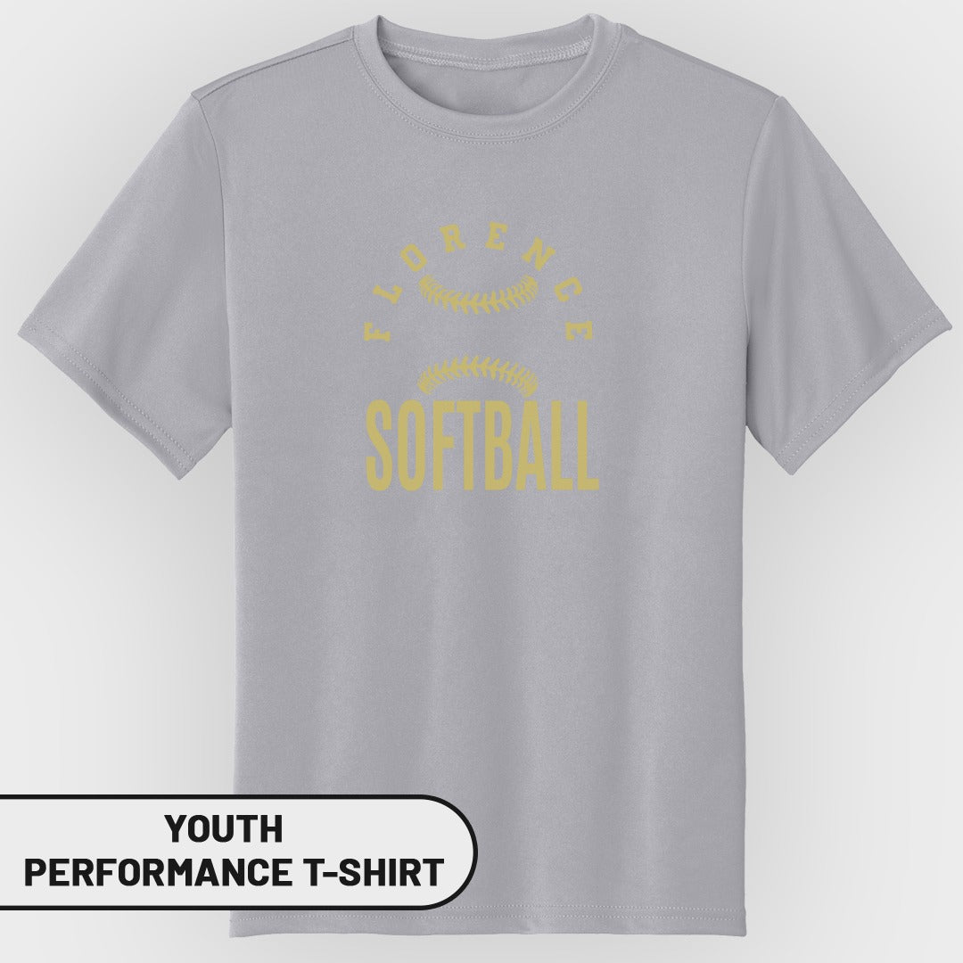 Gray youth performance t-shirt with yellow "Softball" graphic and text "Florence".