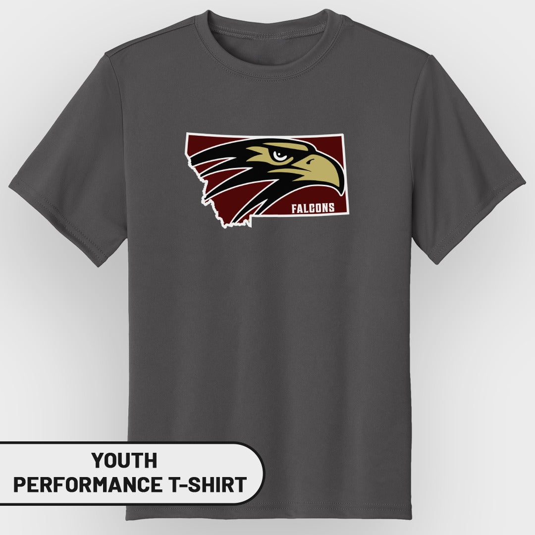 Gray youth performance t-shirt with a Montana outline and falcon logo.