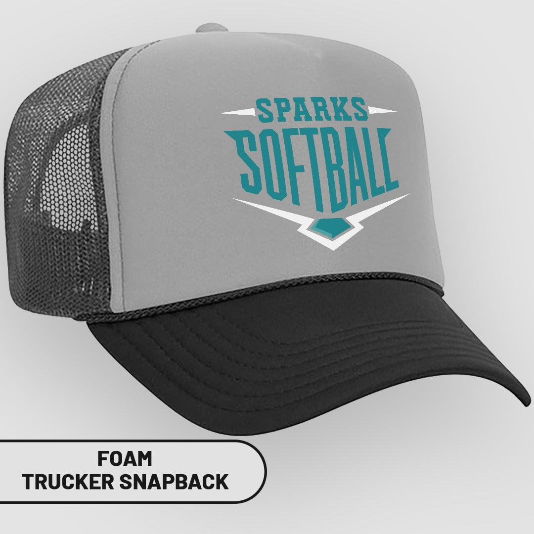 Gray and black trucker hat with "SPARKS SOFTBALL" logo.