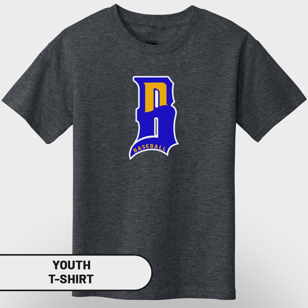 Dark grey youth t-shirt with blue and yellow "B BASEBALL" logo.
