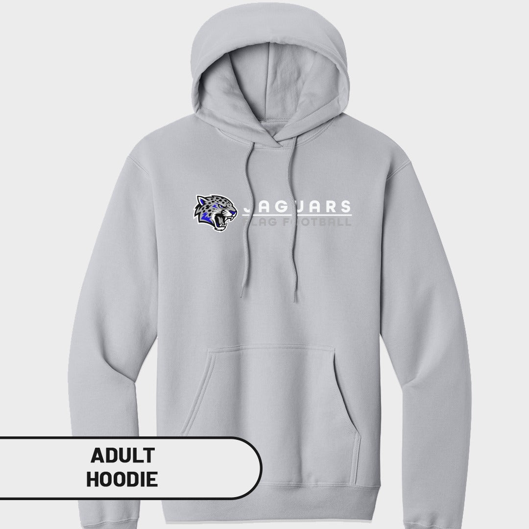 Light grey adult hoodie with "JAGUARS FLAG FOOTBALL" text and jaguar logo.