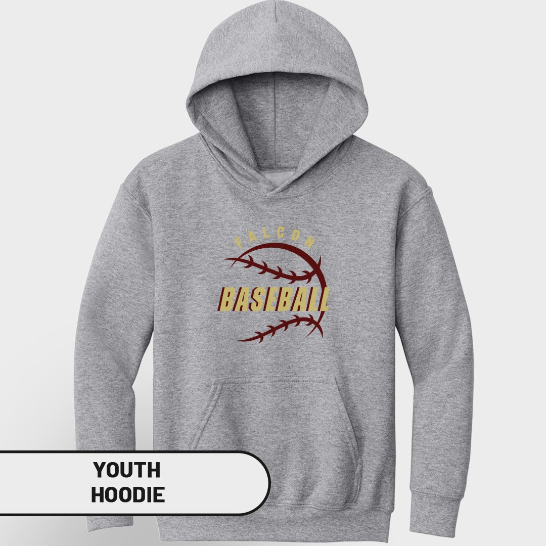 Grey youth hoodie with "Falcon Baseball" graphic on front.