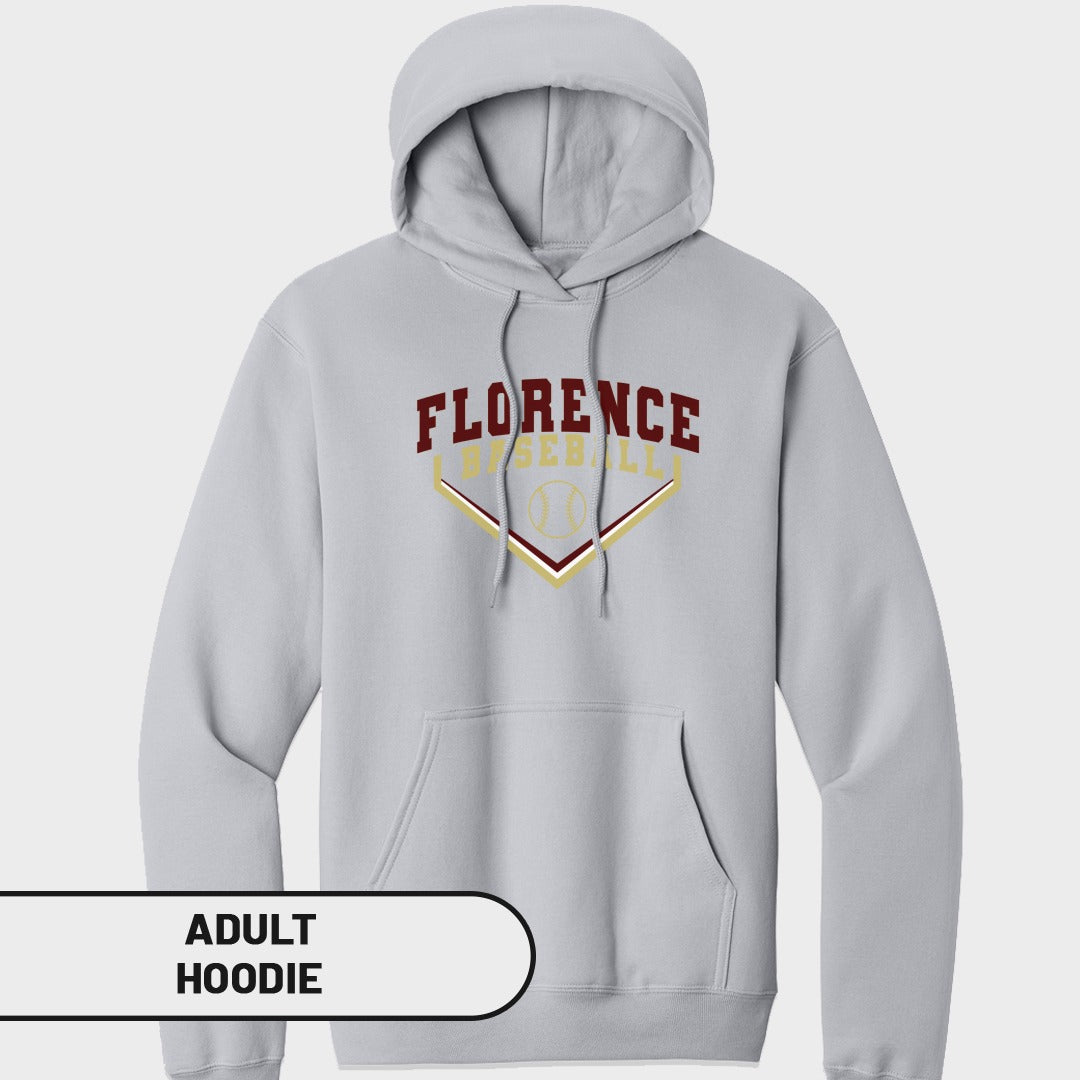 Light gray adult hoodie with "Florence Baseball" graphic and baseball icon.