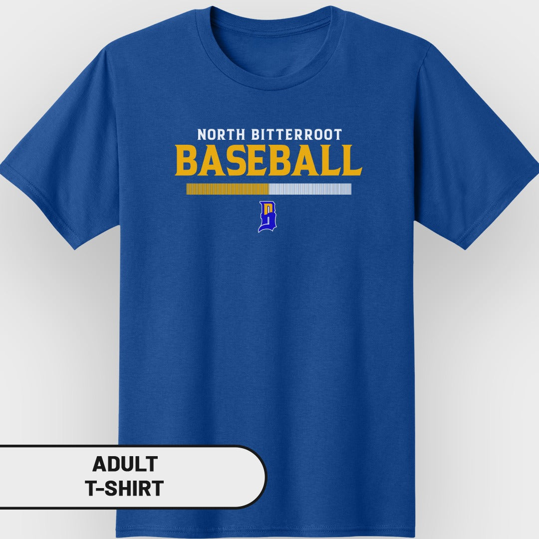 Blue adult t-shirt with "North Bitterroot Baseball" text and a yellow 'B' logo.