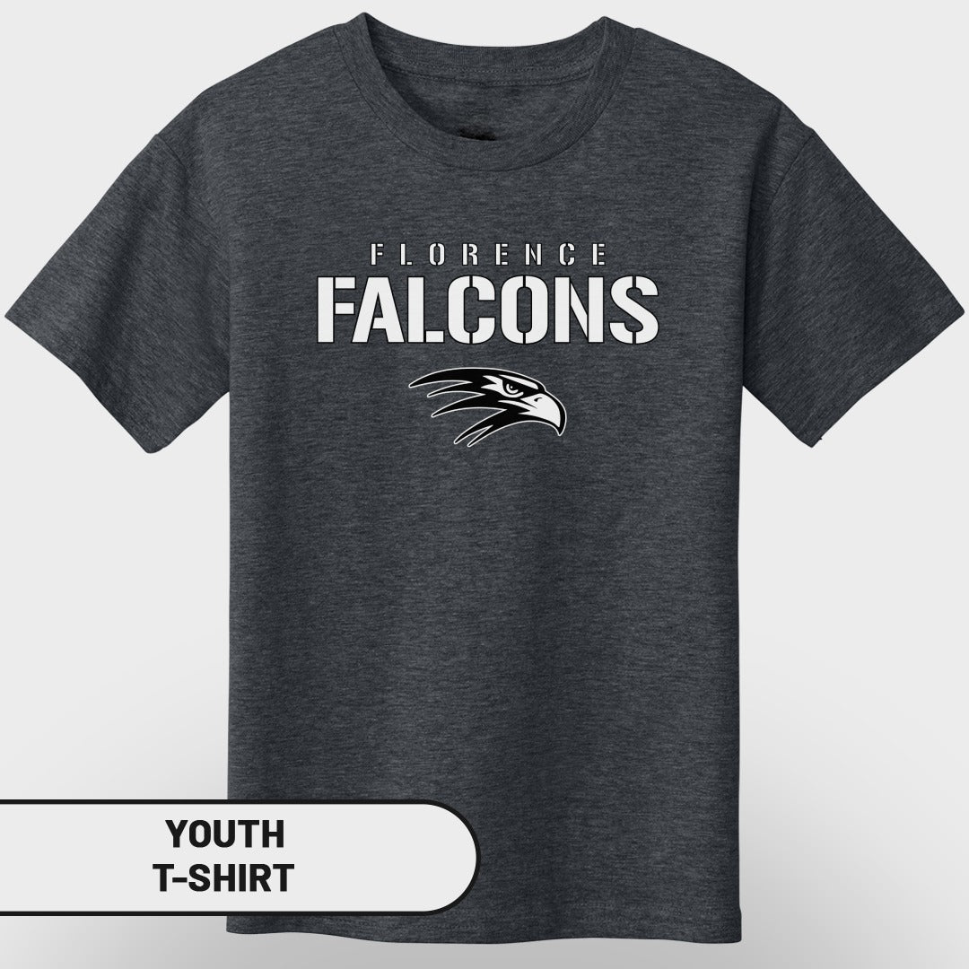 Dark grey youth t-shirt with "FLORENCE FALCONS" text and falcon logo.