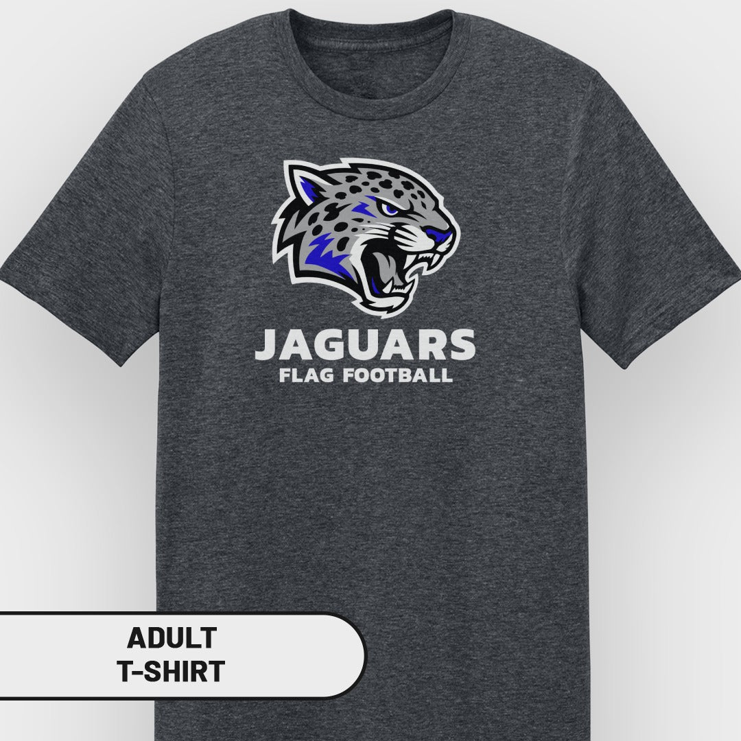 Dark grey adult t-shirt with "JAGUARS FLAG FOOTBALL" and jaguar logo.