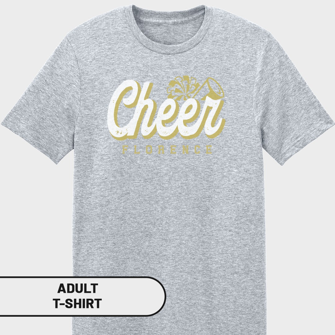 Grey adult t-shirt with "Cheer Florence" and a pom-pom graphic.