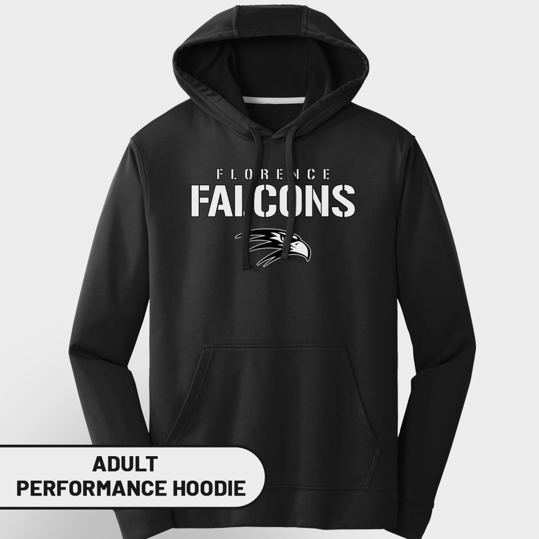 Black adult performance hoodie with "Florence Falcons" text and eagle logo.