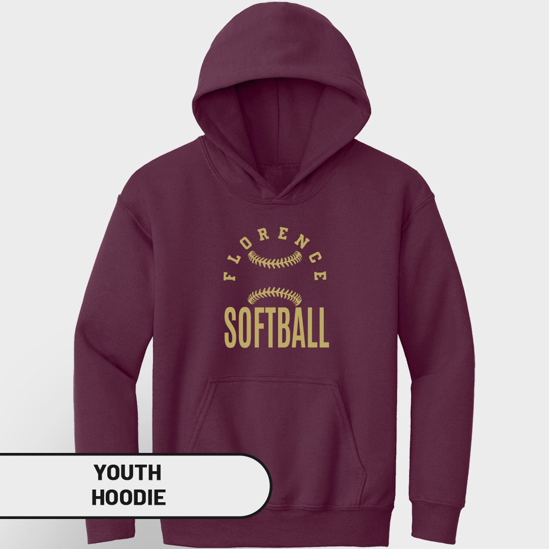 Burgundy youth hoodie with "Florence Softball" text and softball graphics.