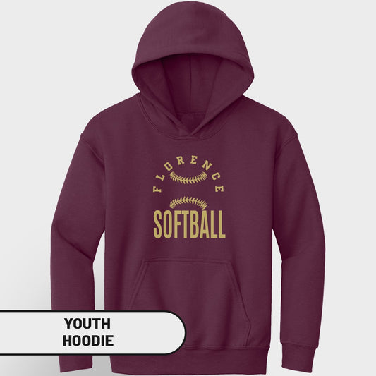 Burgundy youth hoodie with "Florence Softball" text and softball graphics.