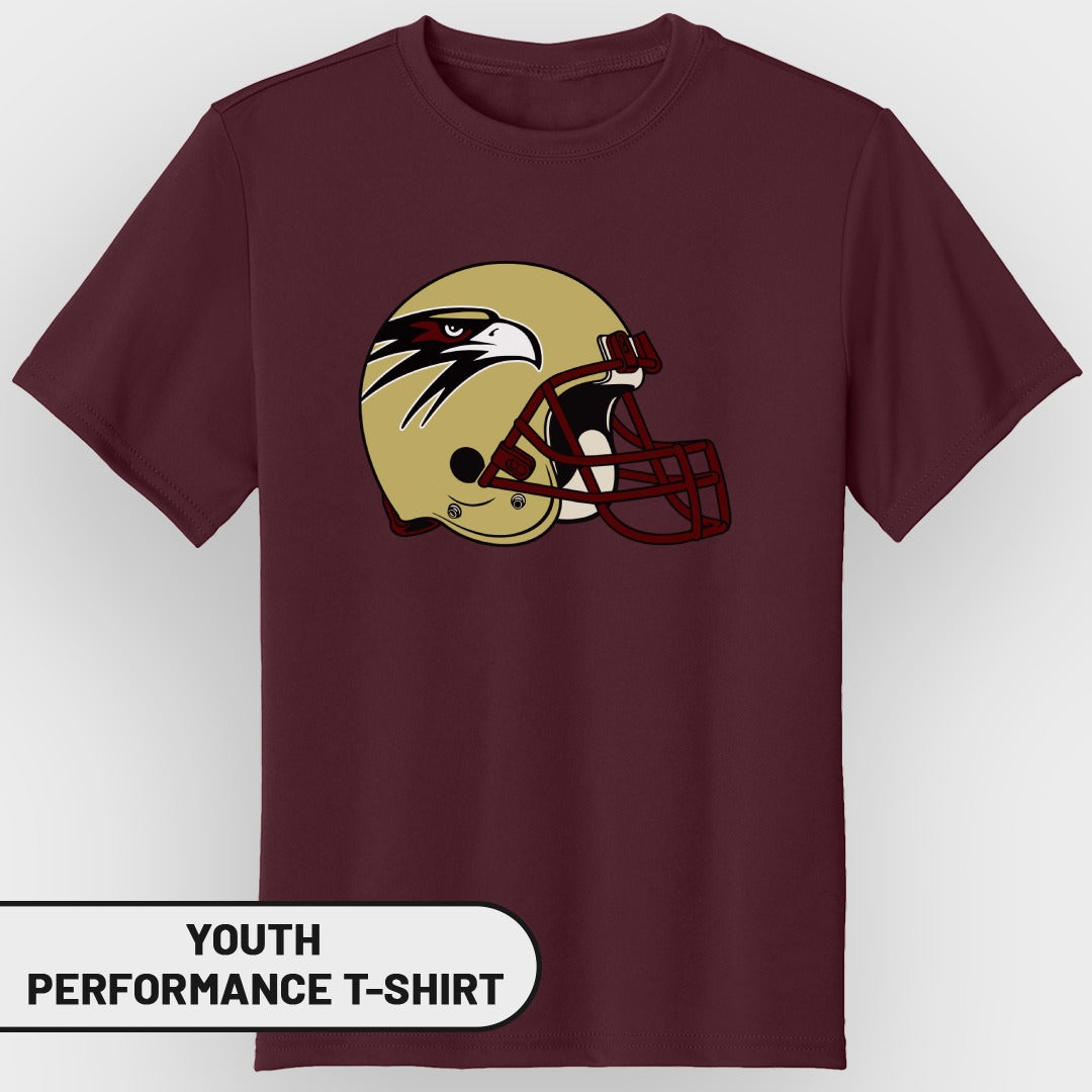 Maroon youth performance t-shirt with a gold football helmet featuring an eagle logo.