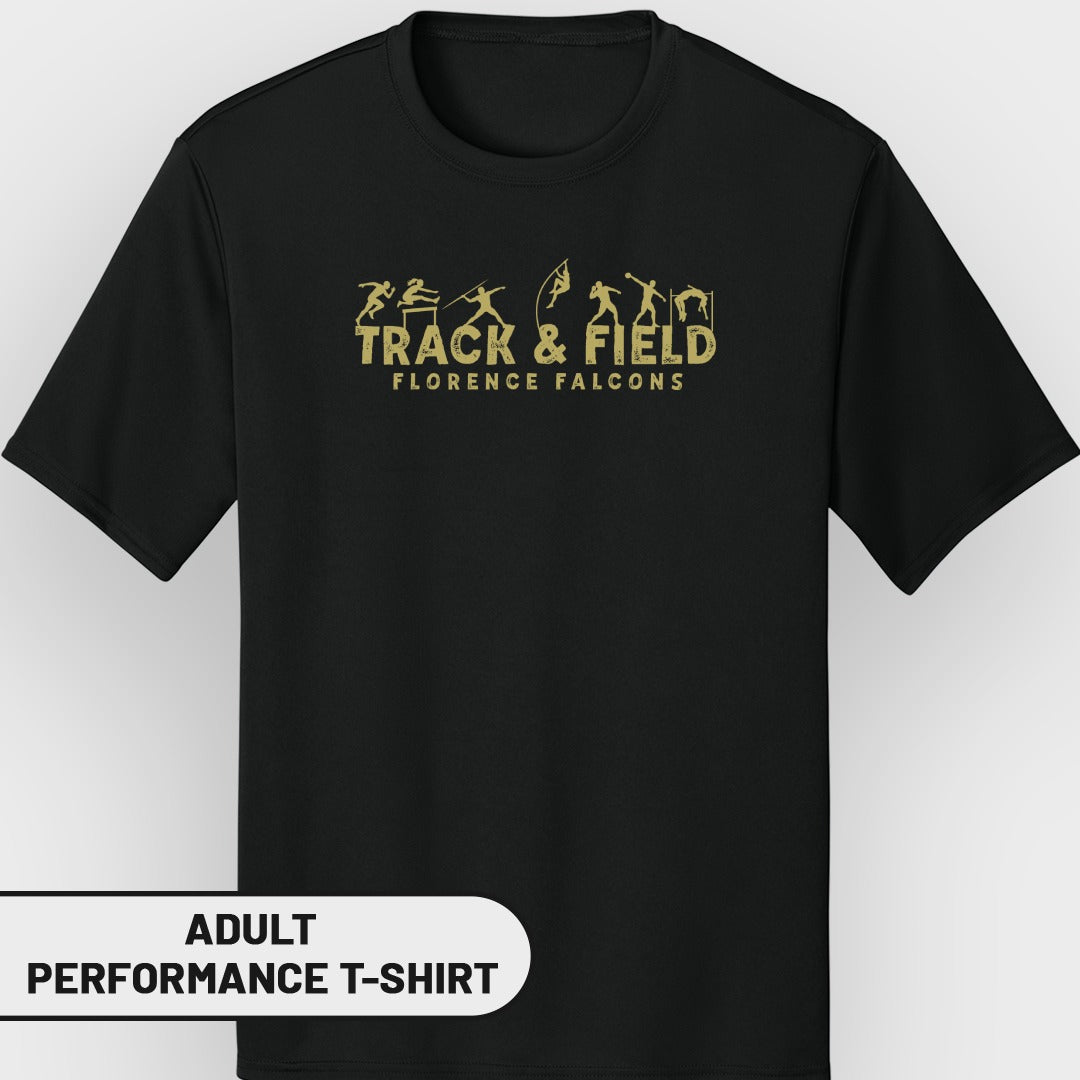 Black t-shirt with gold track and field silhouettes and "Florence Falcons" text.