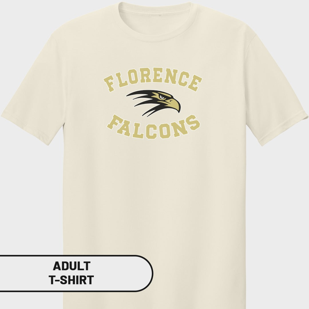 Cream adult t-shirt with "Florence Falcons" text and falcon logo.