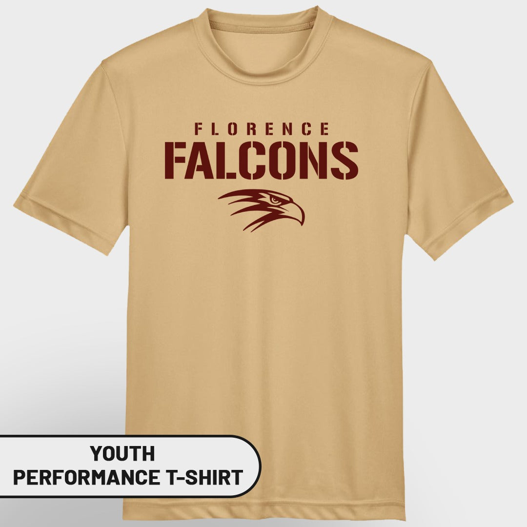 Tan youth performance t-shirt with Florence Falcons logo and eagle graphic.