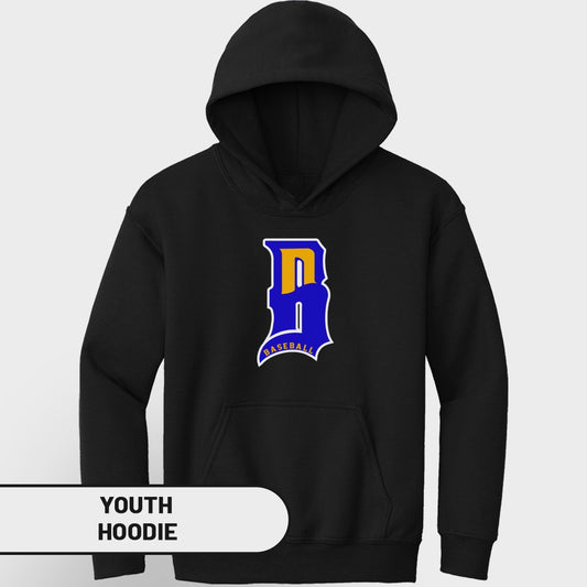 Black youth hoodie with blue and yellow "D" logo and "BASEBALL" text.