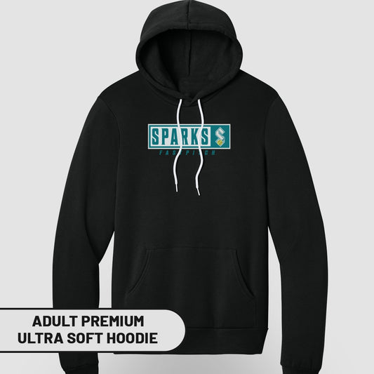 Black adult premium ultra soft hoodie with "SPARKS FAST PITCH" logo on chest.