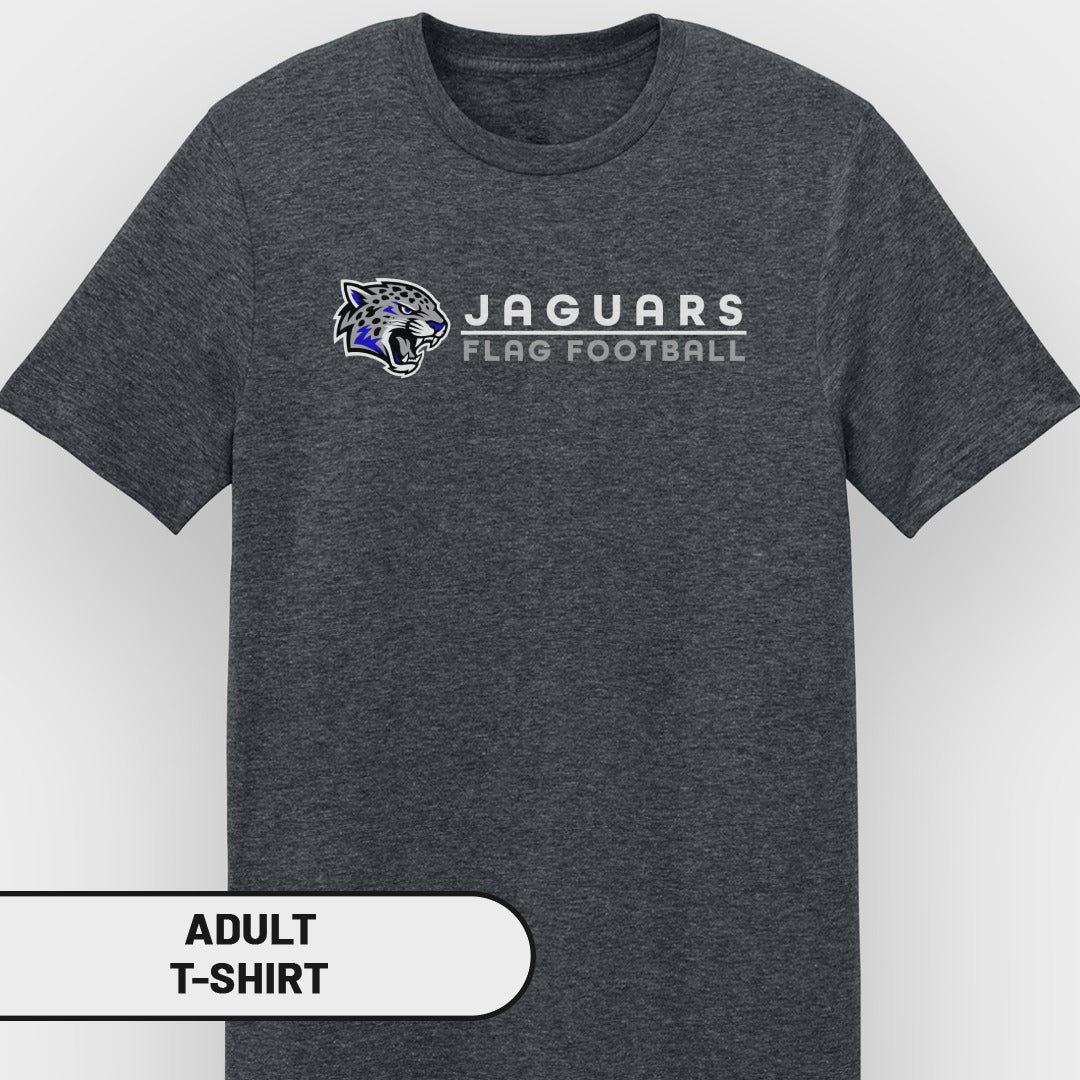 Dark gray adult t-shirt with Jaguars Flag Football logo on the chest.
