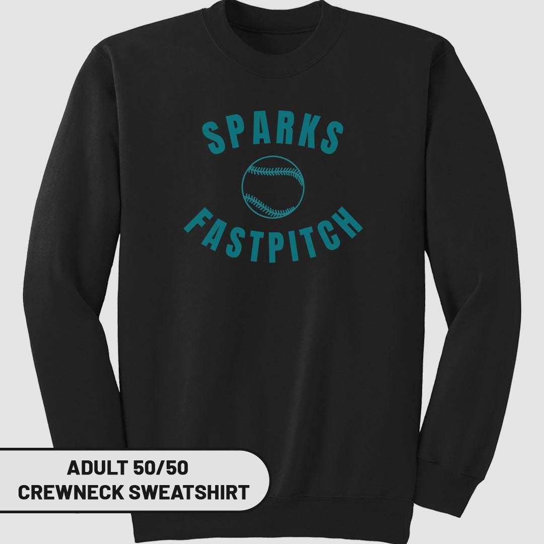 Black crewneck sweatshirt with "SPARKS FASTPITCH" and a softball graphic.