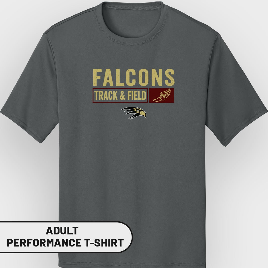 Charcoal adult performance t-shirt with "Falcons Track & Field" and falcon logo.